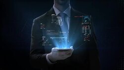 Businessman click smart phone, graphic user interface, Futuristic digital display, grow artificial intelligence. 4k movie. Stock Footage