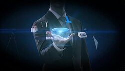 Businessman opens palm, Smart Factory, solar panel, wind generator, Hydroelectricity connect 'IoT' Internet of things, green energy. 4k movie. Stock Footage