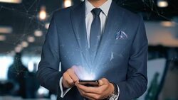 Businessman With Mobile Phone Opens Hologram HUD Interface and Touches Word - INCOME STATEMENT Stock Footage