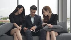 business team conference are Discussion Meeting and analyzing and planning strategy business.Group of coworker sitting and thinking a new ideas to success Stock Footage