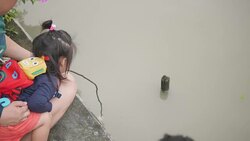 Asian young mother and young father with her adorable two year old girl playing outdoors with love, feeding food to fish and turtle. concept of family love of nature. happy children with the love of parents. Stock Footage