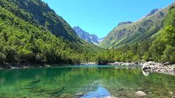 View lake scenes in mountains, national park Dombai, Caucasus, Russia, Europe Stock Footage