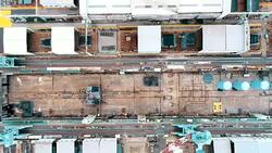 Aerial view of shipyard Stock Footage