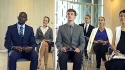 Closeup of audience listening speaker in the business seminar. Professional education, work meeting, presentation or coaching concept. Stock Footage