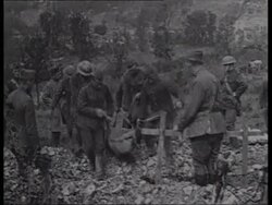 Aftermath of WWI, aerial of destroyed city, burial of victim, cemetery in France, 1918 Stock Footage