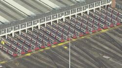 UK Rail strike - Aerials London Tube train sidings News Clip
