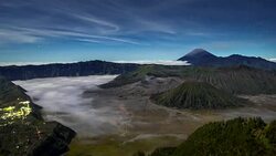 4K Timelapse Moving Star  Night Scene with Mts. Bromo, Semeru, Batok and Widodaren, Tengger Caldera, Indonesia Stock Footage
