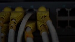 Internet service provider equipment and ethernet wires connected with many network sockets Stock Footage