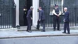 Shot of Theresa May greeting the Maltese Prime Minister Joseph Muscat on the steps on Number 10 Stock Footage
