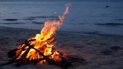 Blazing campfire on the beach during summer evening. Bonfire in nature as background. Burning wood on white sand shore at sunset. selective focus. tropical romantic landscape near sea water edge. Stock Footage