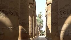 Karnak Temple in Luxor, Egypt. The Karnak Temple Complex, commonly known as Karnak, comprises a vast mix of decayed temples, chapels, pylons, and other buildings in Egypt. Stock Footage