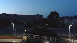 T-34 Soviet Army Medium Battle Tank Memorial Monument at Night Stock Footage