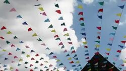 Carnival celebrate banner party flags against cloudy blue sky on windy day Stock Footage