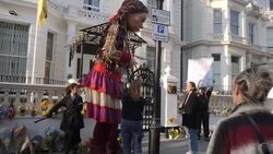 Little Amal Puppet at Ukraine Embassy - sanctions against Russia including Chelsea Football Club owner Roman Abramovich News Clip