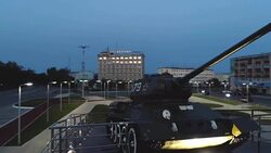 T-34 Soviet Army Medium Battle Tank Memorial Monument at Night Stock Footage