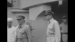 General Douglas MacArthur arrives before Japanese delegation at USS Missouri for surrender News Clip