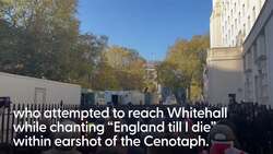 Union flag-waving crowds clash with police on fringes of Armistice Day service in London News Clip