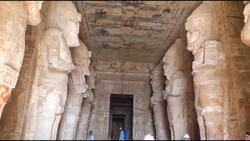 Egypt, Abu Simbel - Great Temple -Ramesses II - Pronaos with Osiris pillars Stock Footage