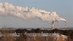 Long smoke line from  power plant Stock Footage