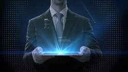 Businessman lifting tablet, graphic user interface, Futuristic digital display, grow artificial intelligence. 4k movie.1. Stock Footage