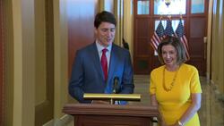 Speaker Pelosi greets PM Trudeau, settle NBA wager News Clip