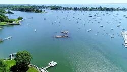 The aerial drone view of the marina in Larchmont, Westchester County, NY, USA Stock Footage
