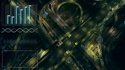 Spying with drones tracking car up the expressway, Infographics data loop texture high tech motion. Stock Footage