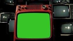 Vintage Red Tv Green Screen With Many 1980S Tvs. Stock Footage