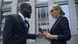 Boss scolds secretary for mistake in annual report, woman under pressure at work Stock Footage
