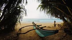 4K footage of old tradition Sri Lanka fisherman's boat on the sandy Indian ocean coast between the palm trees Stock Footage