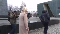 CLEAN : French far right presidential candidate Marine le Pen pays tribute to Warsaw ghetto victims News Clip