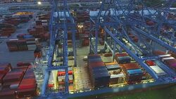 Aerial view of Industrial and Container Ship Logistic Harbor at Night, Bangkok, Thailand Stock Footage