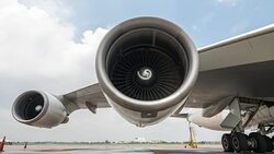 Time lapse airplane parked at airport with turbine engine Stock Footage