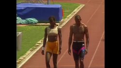 Merlene Ottey and Frankie Fredericks running on track during training News Clip
