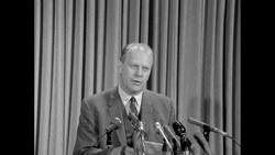 House GOP leader Gerald Ford says great society of LBJ has become a runaway locomotive News Clip