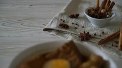 hard-boiled egg in brown sauce or sweet gravy sauce with tofu Stock Footage