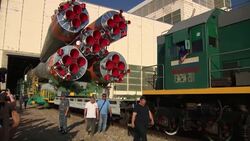 Soyuz MS13 rocket prepares for launch in Kazakhstan. News Clip