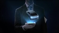 Businessman slide touch smartphone, Rotating Electronic, hybrid, lithium ion battery echo car.  scanning inside view with user interface, eco-friendly future car. 4k movie. Stock Footage