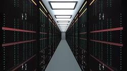 Large server room interior in datacenter, web network and internet telecommunication technology, data storage and cloud service concept Stock Footage