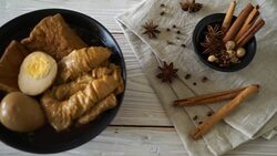 hard-boiled egg in brown sauce or sweet gravy sauce with tofu Stock Footage