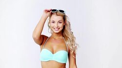 happy woman in bikini swimsuit with sunglasses Stock Footage