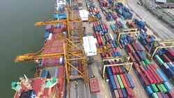 Flying Over Industrial Port with Containers Ship, Bangkok, Thailand, Aerial video Stock Footage