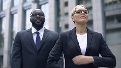 Business people pose for camera, successful entrepreneurs, personal development Stock Footage