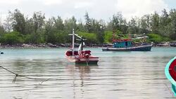 The old boat on the beach of reservoir dam big river against forest Stock Footage