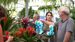 Family shop for plants with Salesman at Flower Market Stock Footage