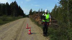 Forest officer with laptop on the forest road Stock Footage