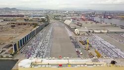 Aerial view of logistics concept roll-on/roll-off car carrier ship Stock Footage