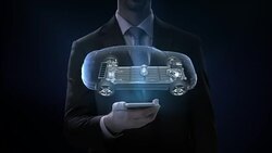 Businessman click smart phone, Electronic car, ion battery echo car. Charging car battery. Battery level check, future car. side view. 4k movie. Stock Footage