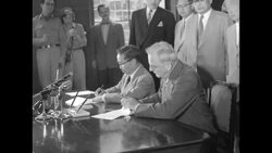 US Secretary of State Dulles and Korean Foreign Minister Yeong-tae sign Mutual Defense Treaty, Rhee and Taylor present in Seoul, South Korea News Clip