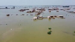 CLEAN : AERIAL : Flood fills houses and streets in Pakistan's Jaffarabad News Clip